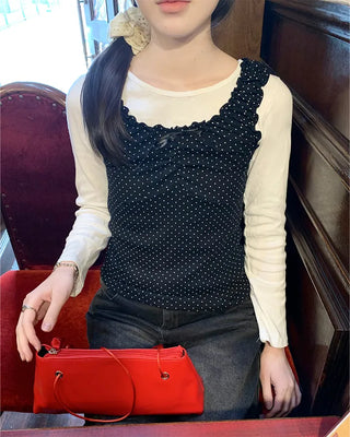 Pindot Ribbon Gathered Elastic Tank Top