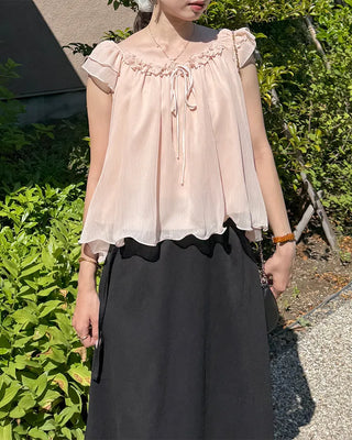 Frilled ribbon chiffon off-shoulder blouse