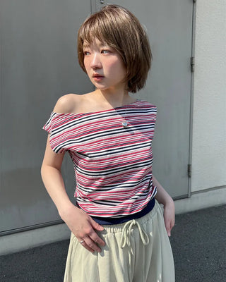 Striped sleeveless off-shoulder top
