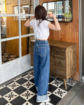 Rolled-up denim wide-leg pants