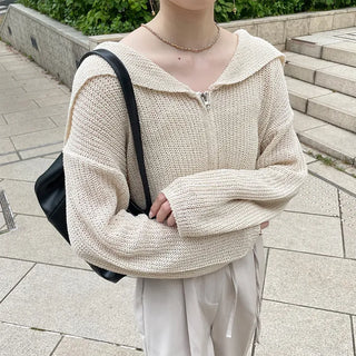Sailor collar knit zip-up