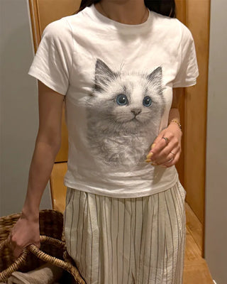 Cat print short-sleeved T-shirt