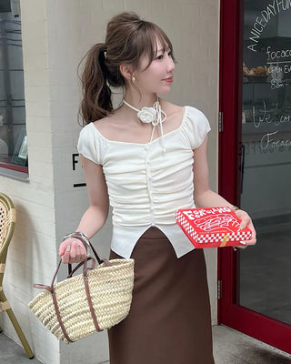 Flower Strap Heart Neck Shirring Short Sleeve T-Shirt