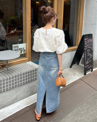 H-line elastic waist long denim skirt