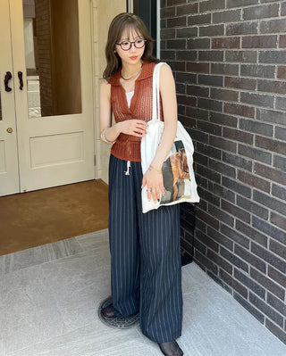 Striped wide banding pants