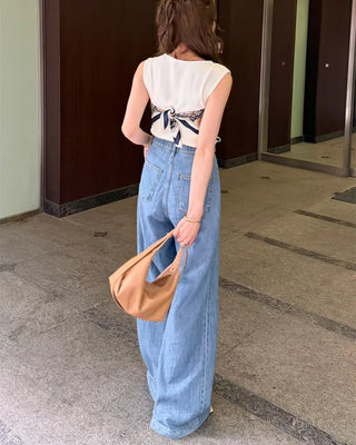 Front pocket elastic waist summer denim pants