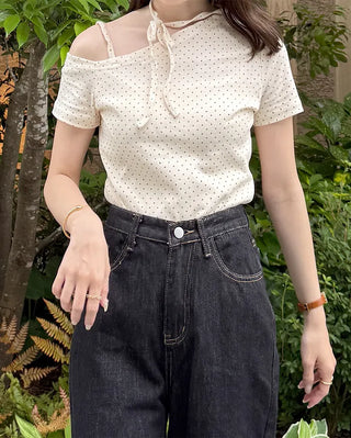 Dot Asymmetric Off-Shoulder Short-Sleeve T-Shirt