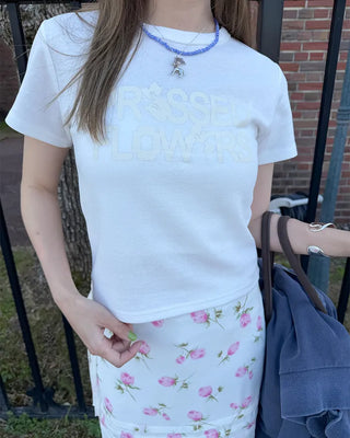 Flower print lettering short-sleeve T-shirt