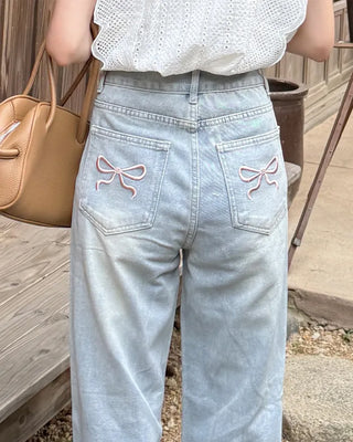 Pocket ribbon detail denim pants