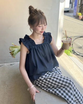 Shirred strap square neck blouse