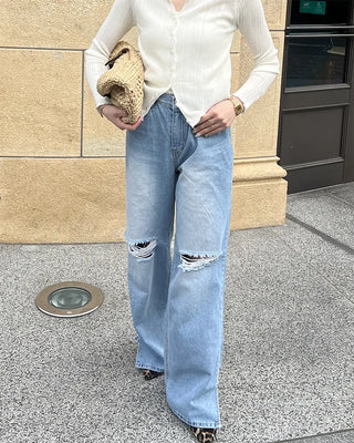 Distressed wide-fit denim pants
