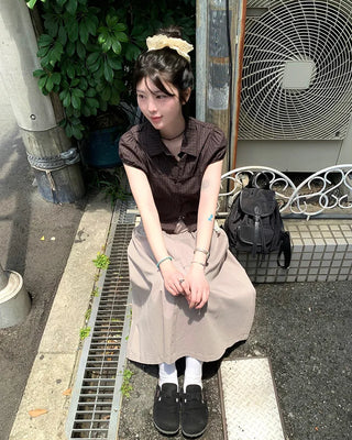 Checked Shirred Puff Sleeve Blouse