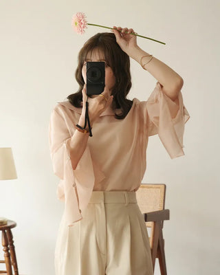 (ORIGINAL) Round Collar Button Sheer Blouse