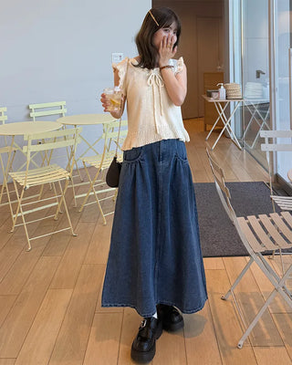 Elastic waist pocket midi denim skirt