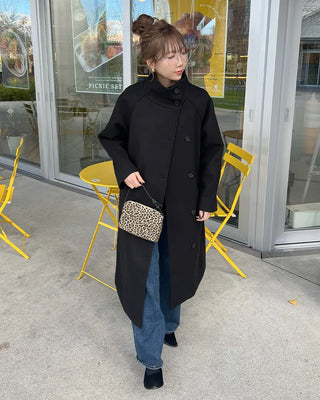 High-neck belted long coat