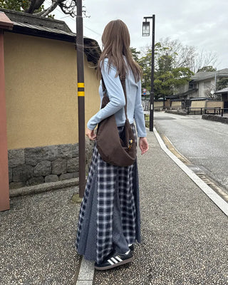 Slit check long skirt