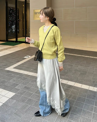 Satin lace long skirt