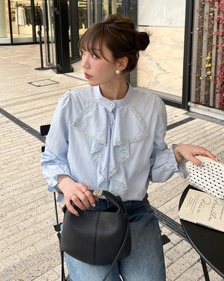 Lace Ribbon Henley Neck Blouse