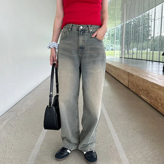 Gray wash denim wide pants