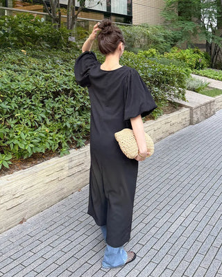 Balloon puff half-sleeve long dress