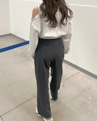 High-waisted banding pintuck slacks