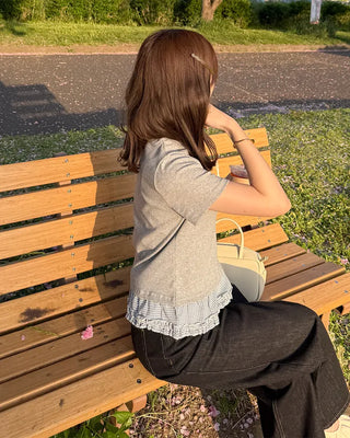 Checked ribbon frill short-sleeved T-shirt