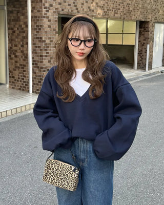 Brushed fleece deep V-neck sweatshirt