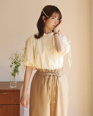 (ORIGINAL) Henley Neck Ribbon Balloon Blouse