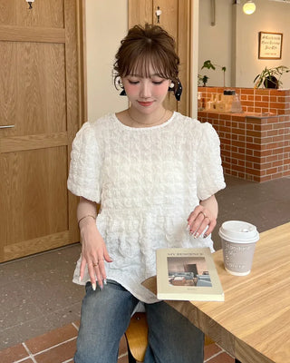 Oversized embossed shirred short-sleeved blouse