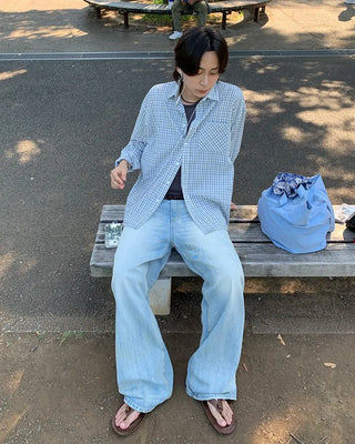 Seersucker check long-sleeved shirt