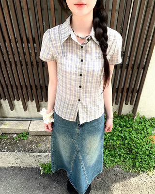 Chest Shirring Check Short-Sleeve Shirt