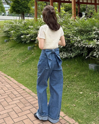 Back ribbon frill denim pants