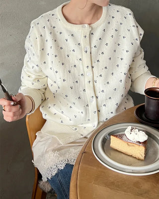 Floral print round neck cardigan