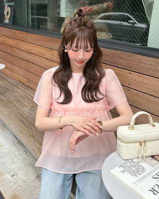 Organza ruffle balloon sleeve blouse