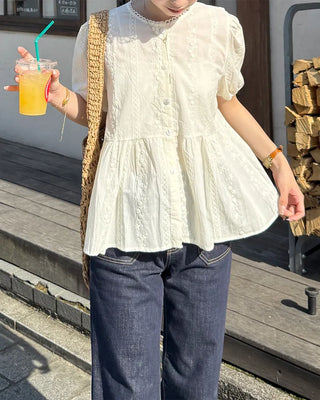 Scalloped lace embroidered peplum blouse