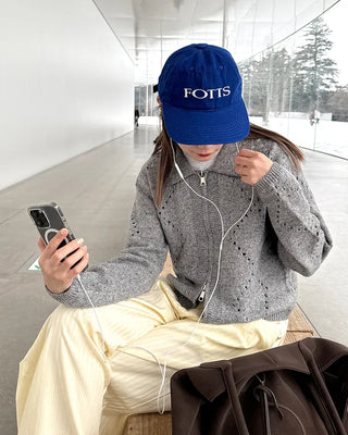 Perforated Collar Knit Zip-Up