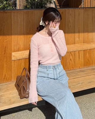 Half-open button ribbed knit