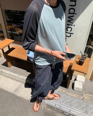 Summer knit raglan bicolor long-sleeve T-shirt