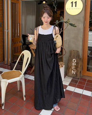 Ribbon Strap Shirred Gathered Dress