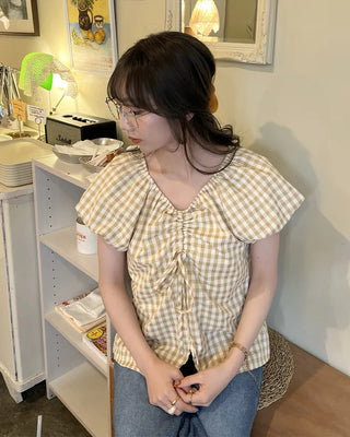 Checked Shirred V-Neck Blouse