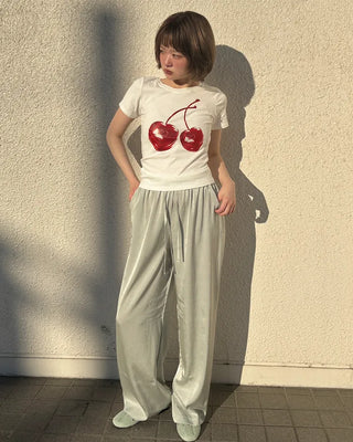 Waistband string silk wide-leg pants