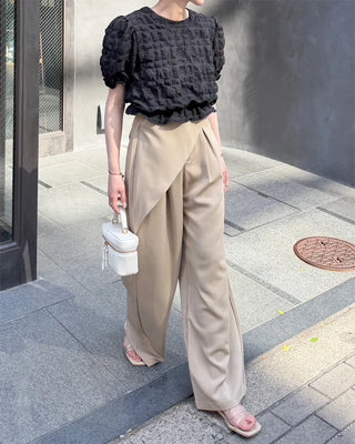 Wrap-design pleated wide slacks
