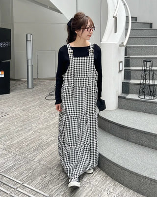 Checked belt long dress