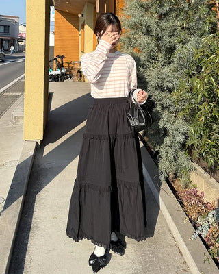 Lace tiered flared long skirt