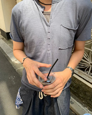 One-pocket slub henley neck short-sleeved T-shirt