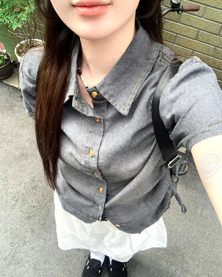 Denim Shirred Short-Sleeve Shirt