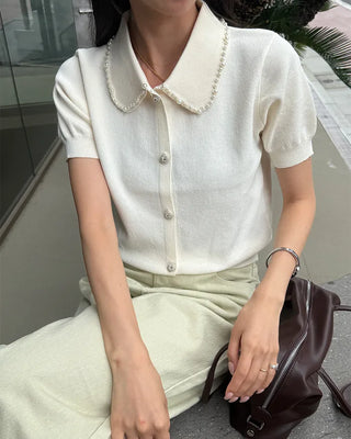 Pearl Button Short-Sleeve Colored Knit