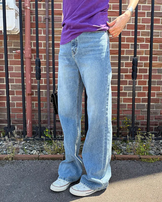 Washed straight denim pants