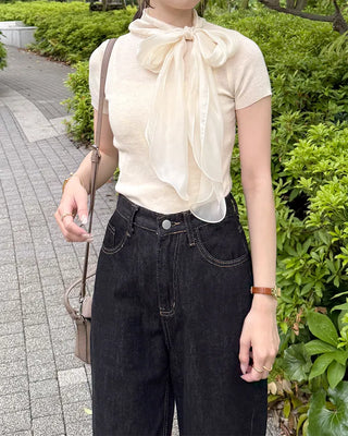 Satin ribbon short-sleeved blouse