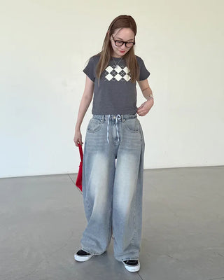 Side-out seam pleated denim pants